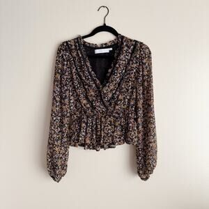 ASTR Black + Brown Drapey Floral Long Sleeve V Neck Blouse Small
